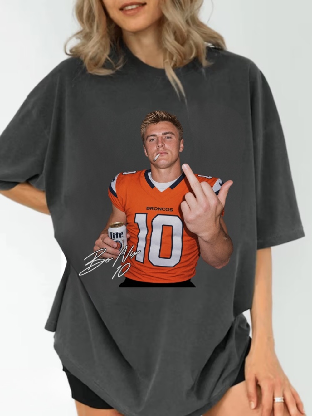 Bo Nix Broncos Football Vintage Dark Grey T-Shirt